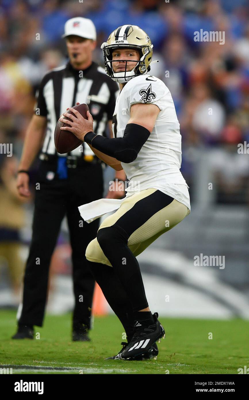 New Orleans Saints quarterback Taysom Hill throws a pass against the  Baltimore Ravens during the first half of an NFL preseason football game,  Saturday, Aug. 14, 2021, in Baltimore. (AP Photo/Gail Burton