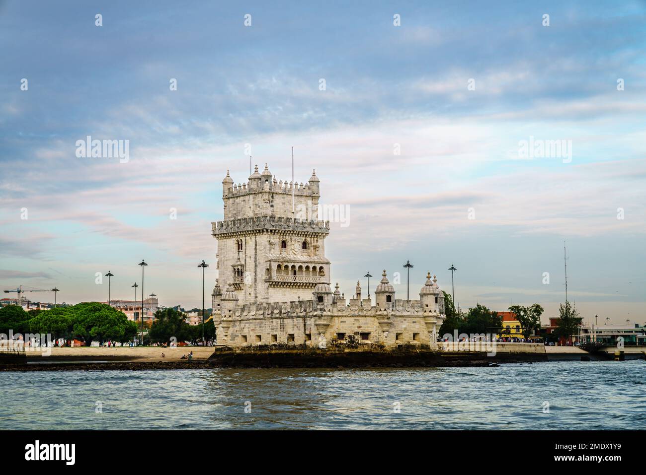 View of Torre de Belem or Bethlehem Tower fromt the Tagus River in Lisbon, Portugal Stock Photo