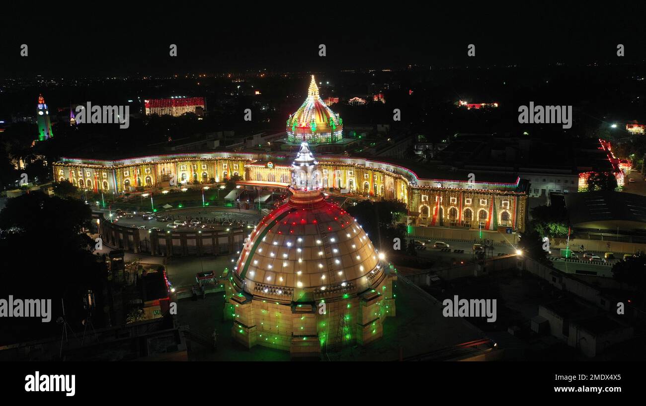 The Vidhan Sabha building stands illuminated on the eve of Independence