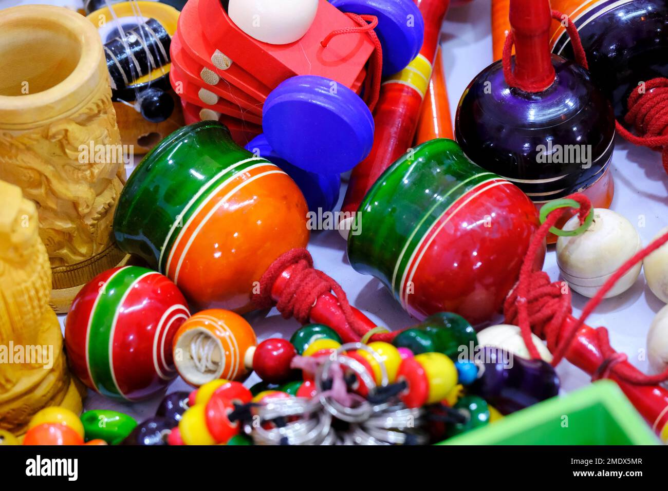 Traditional handmade Colorful toys made from wood, wooden toys, family, selective focus. Stock Photo