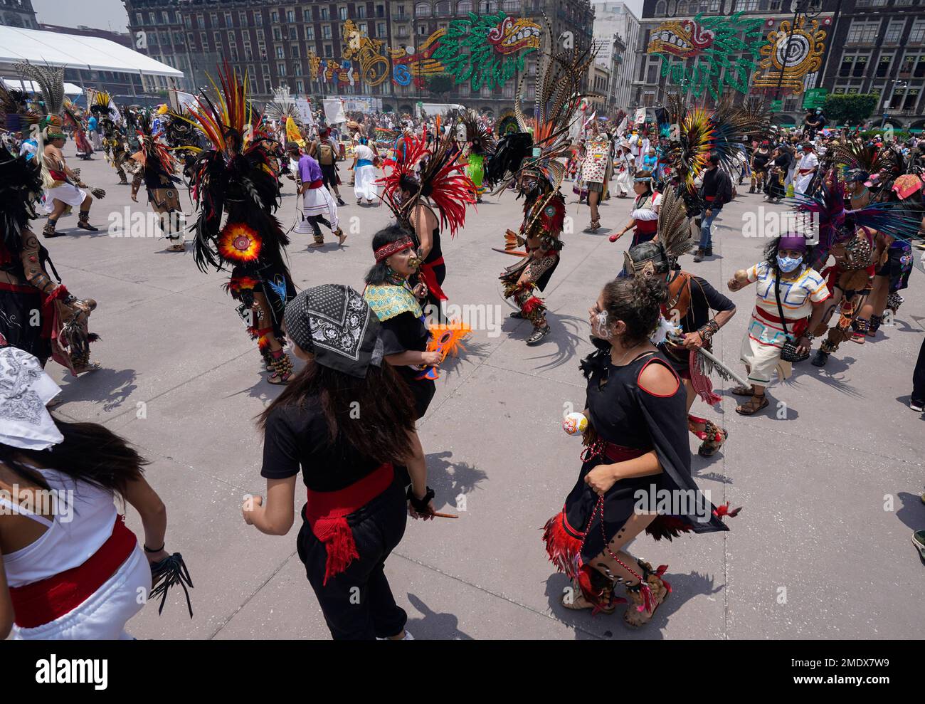 Mexican dancers perform during a ceremony to commemorate the 500th ...