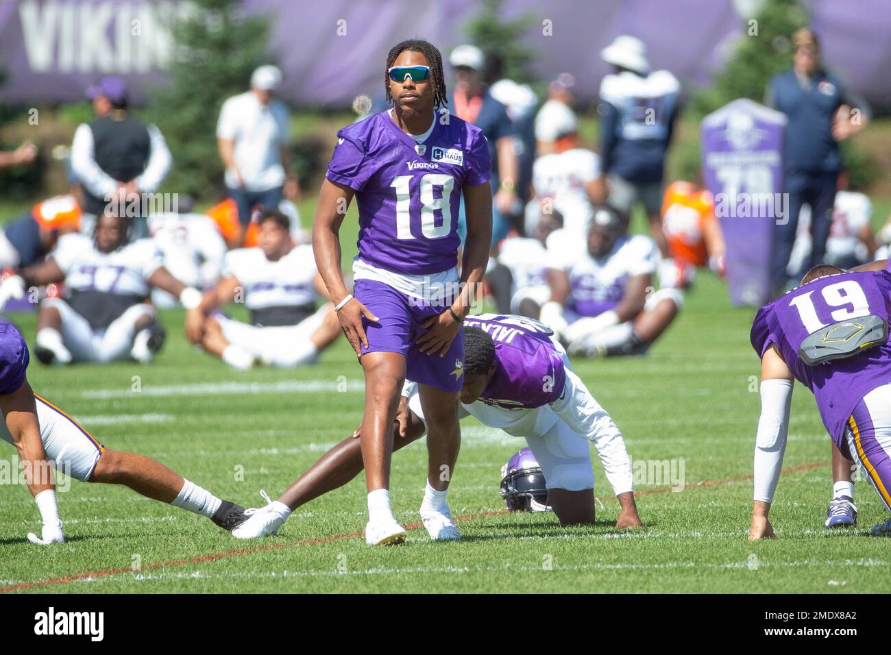 Minnesota Vikings wide receiver Justin Jefferson (18) participates during a  joint NFL football training camp with the Denver Broncos Thursday, Aug. 12,  2021, in Eagan, Minn. (AP Photo/Bruce Kluckhohn Stock Photo - Alamy