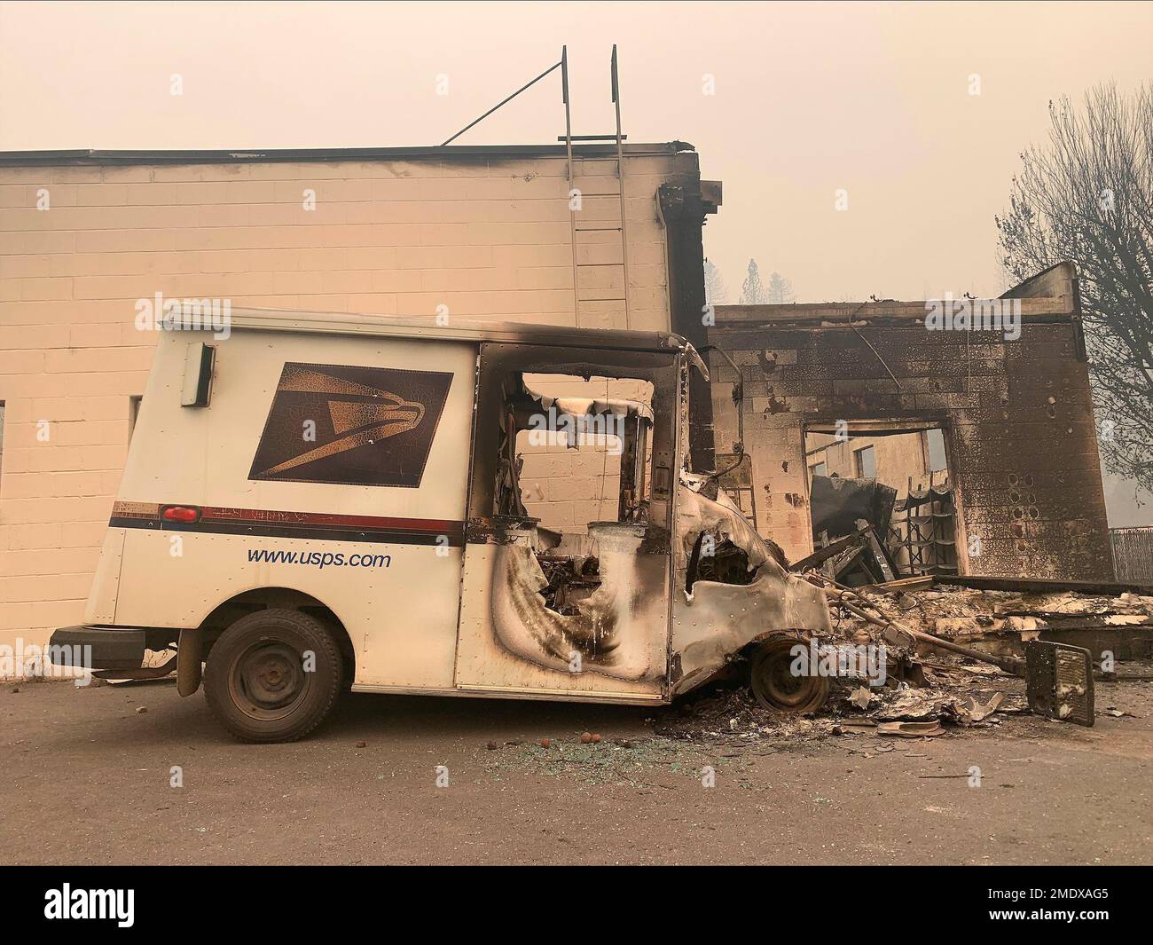 The remains of a burned U.S Postal truck is seen in Greenville, Calif