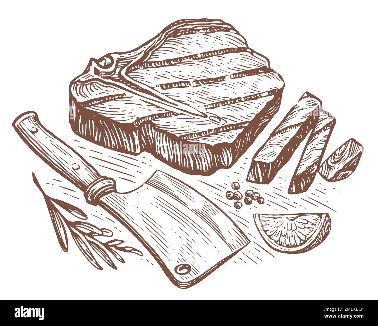 Grilled beef steak tenderloin and knife cleaver. Grill food, engraved sketch illustration Stock Photo