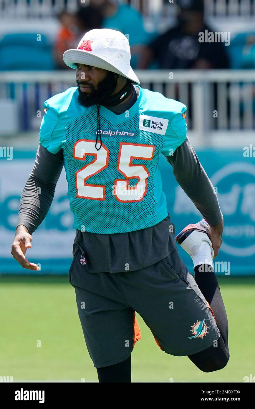 Miami Dolphins cornerback Xavien Howard stretches out during practice