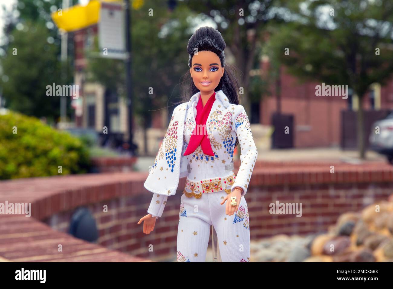 An Elvis Presley Barbie doll is seen in East Rutherford, New Jersey, on  Tuesday, August 10, 2021. The new Barbie doll goes on sale on Wedneesday.  The toy maker says the outfit