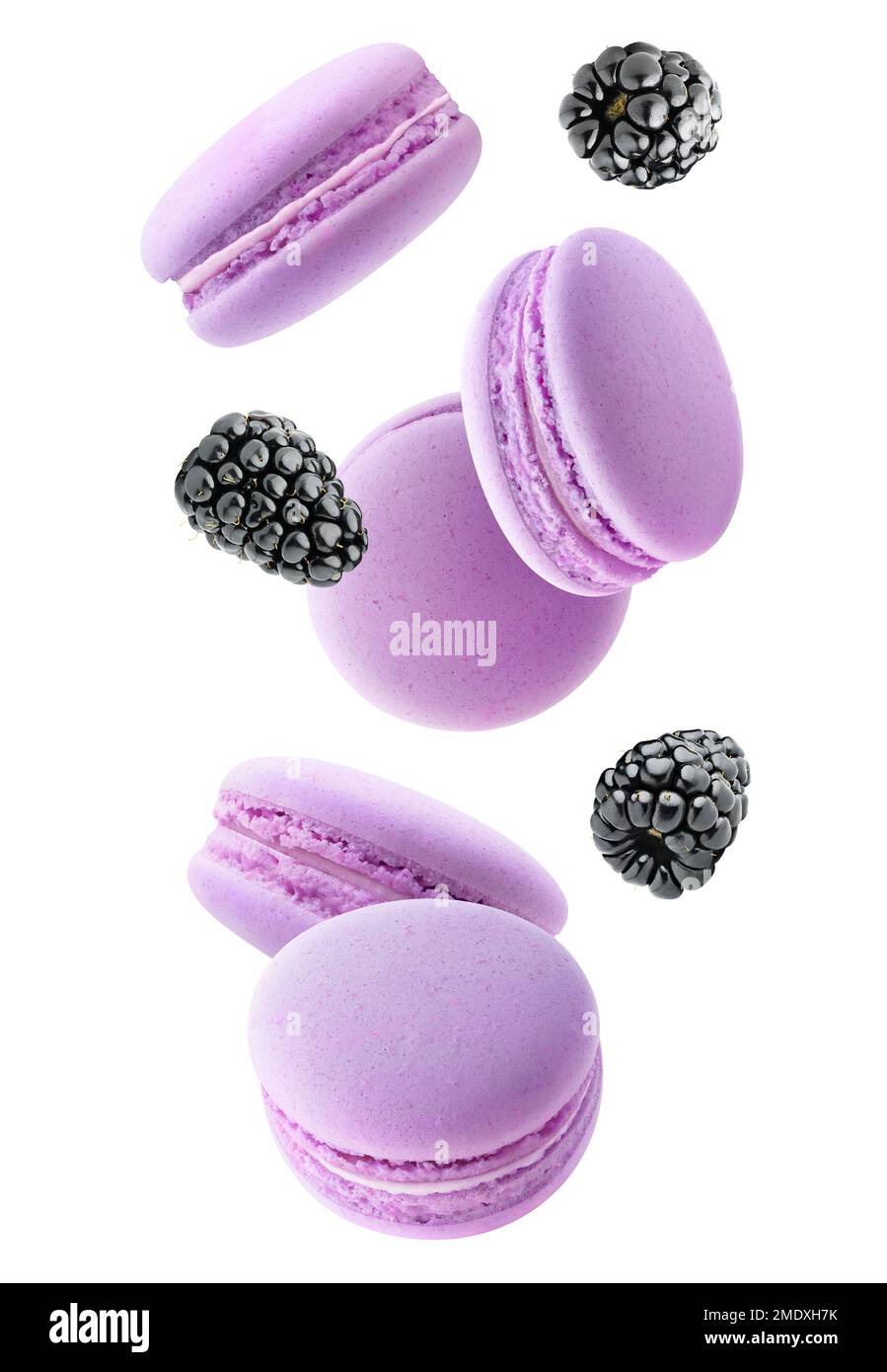 Pink macaroons and blackberries levitating isolated on white background Stock Photo