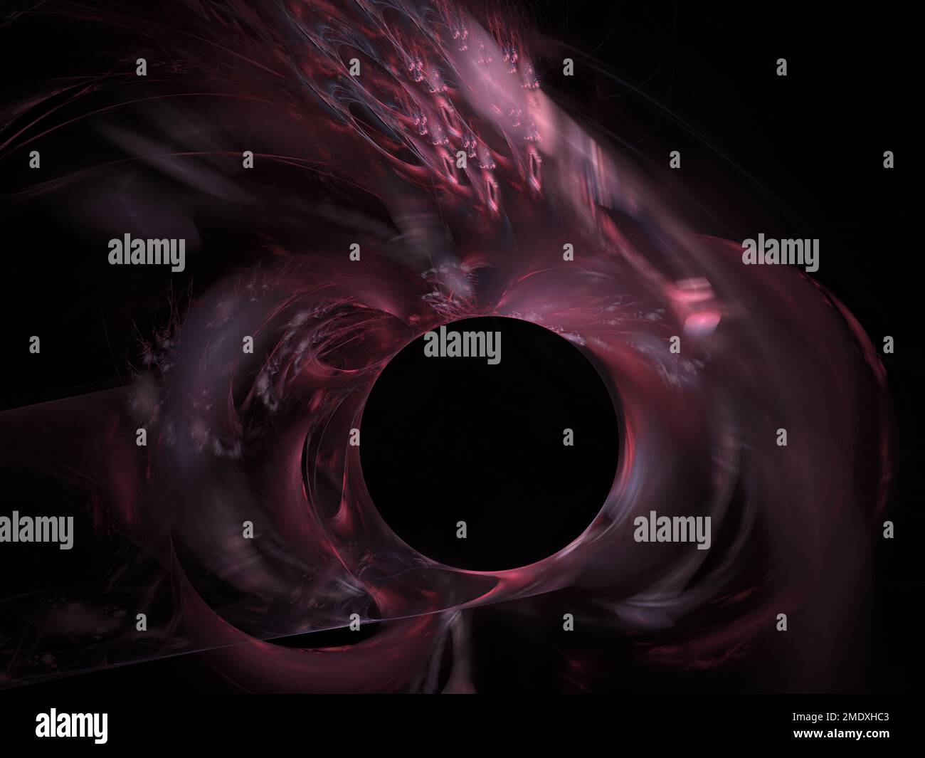 Artistic impression of a black hole feeding off matter falling on to the event horizon. Fractal flame digital art in magenta Stock Photo