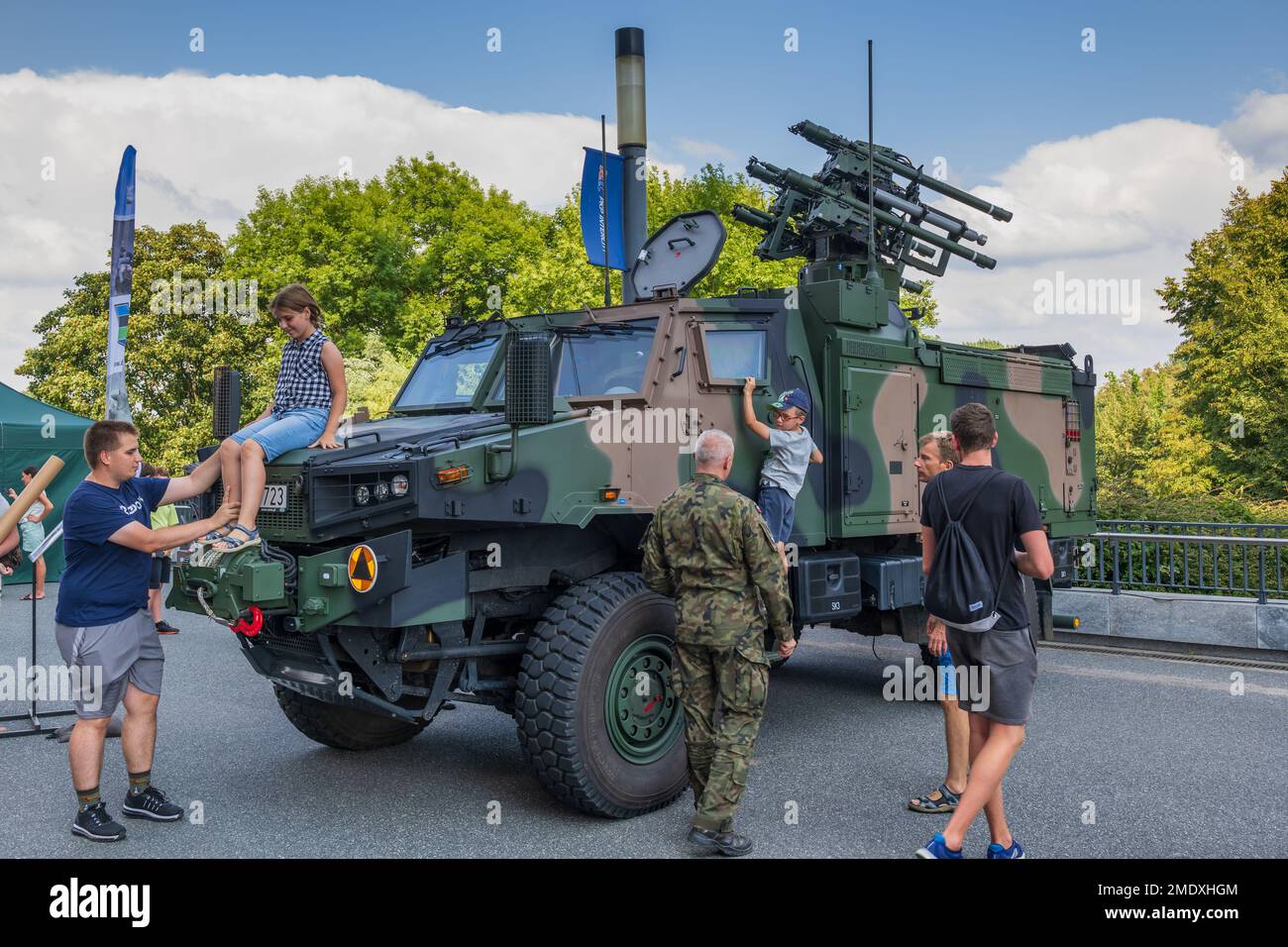 Warsaw, Poland - August 14, 2022 - People with children at Poprad self-propelled anti-aircraft missile system, short range air defense on Polish Army Stock Photo