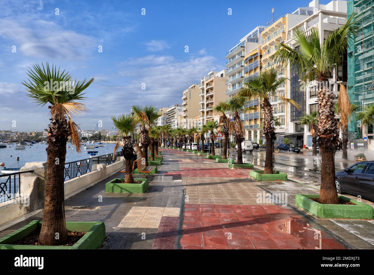Town of Sliema in Malta, seaside promenade along Marsamxett Harbour in the Mediterranean Sea. Stock Photo