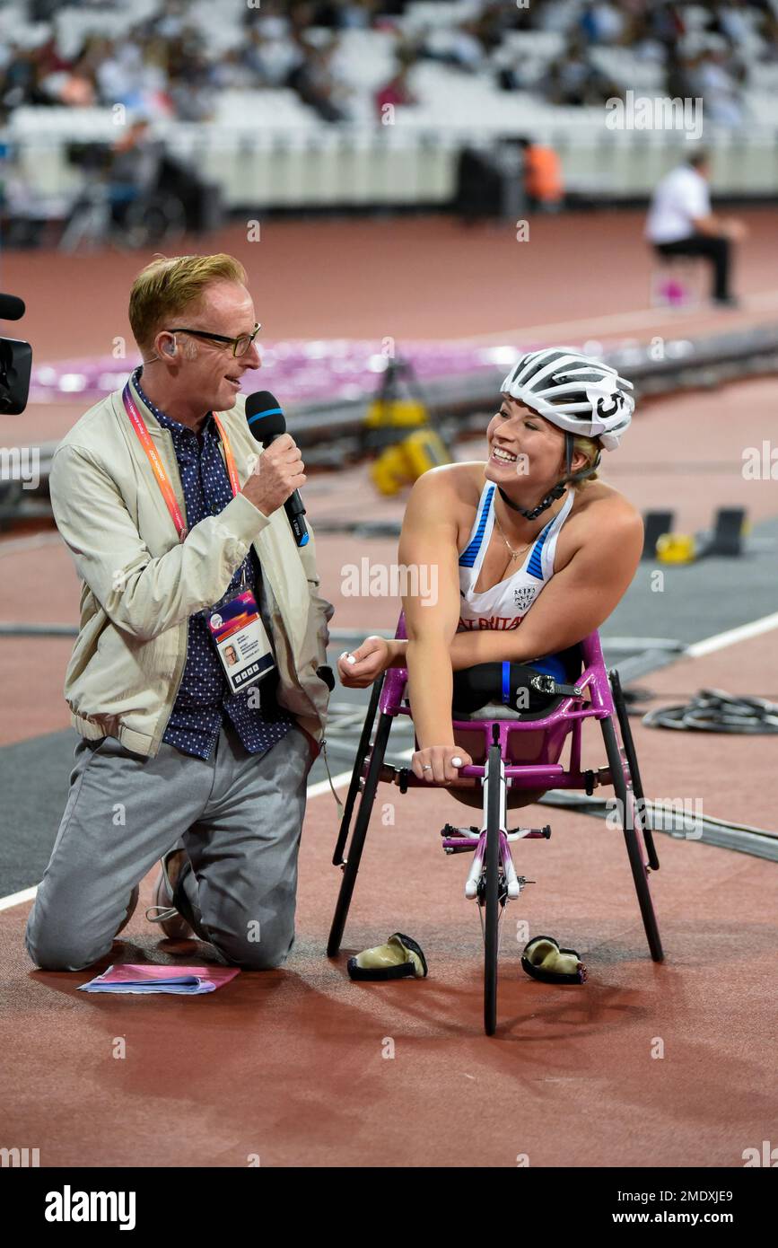 Samantha Kinghorn being interviewed at the 2017 World Para Athletics Championships in the Olympic Stadium, London, UK by Bryan Burnett. 3rd place Stock Photo