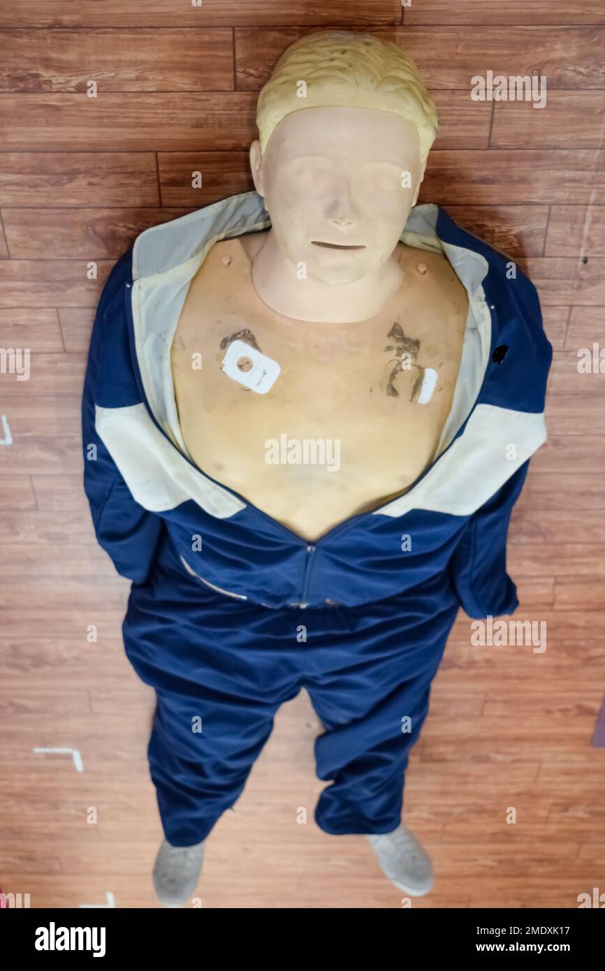 Human dummy lies on the floor during first Aid Training