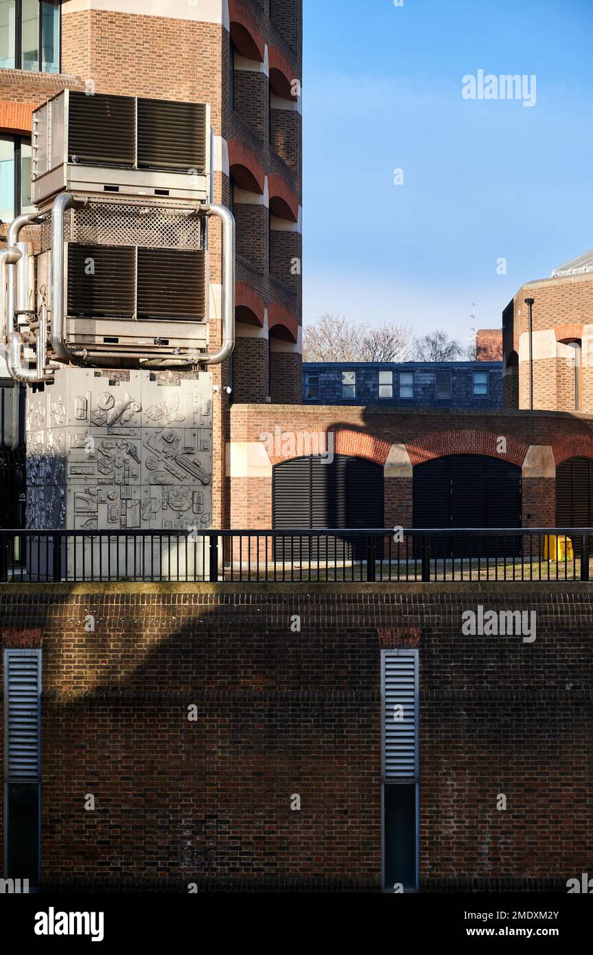 22 Jan 2023 - LondonUK: modern office building with modern art on sunny day Stock Photo