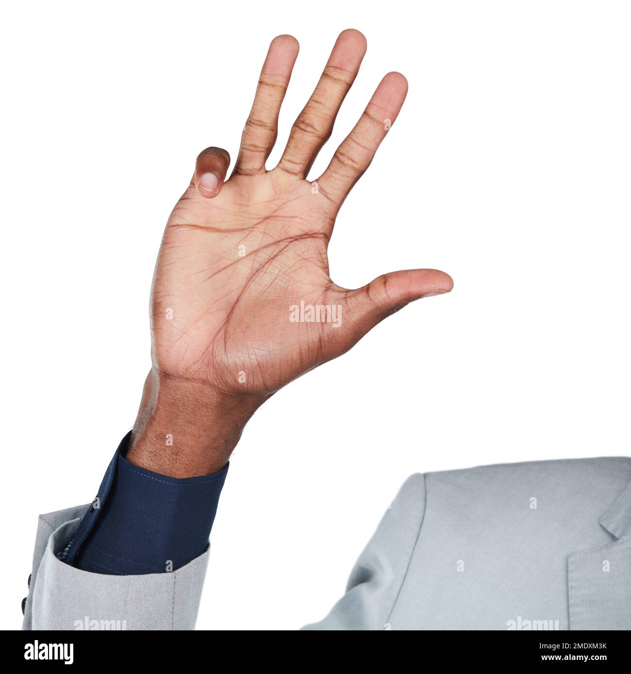 Hand gesture, palm and mockup with a business black man in studio isolated on a white background to gesture a number. Emoji, icon and sign with a male Stock Photo
