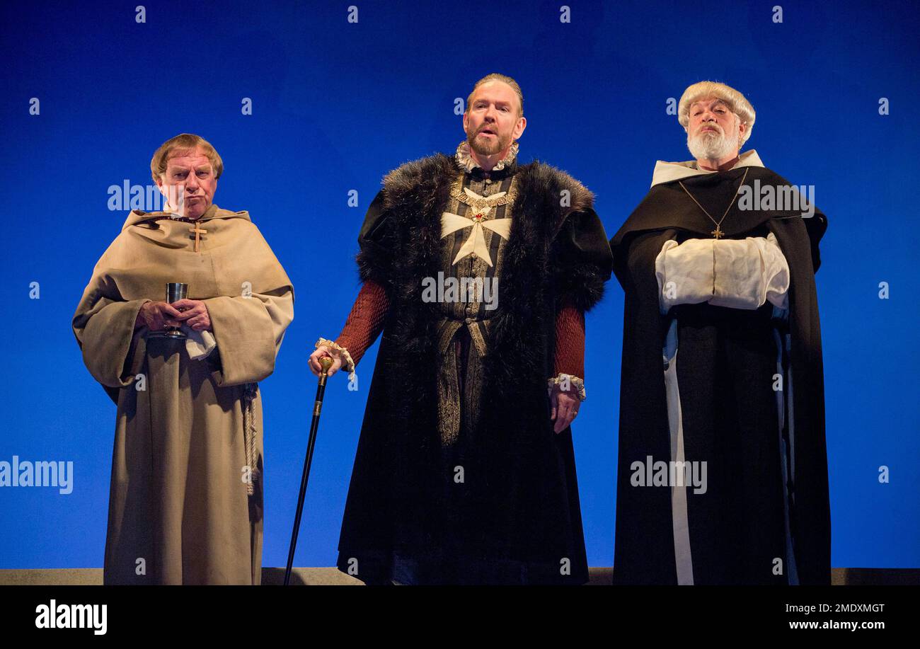 l-r: Geoffrey Freshwater (Friar Barnadine), Steven Pacey (Ferneze), Matthew Kelly (Friar Jacomo) in THE JEW OF MALTA by Christopher Marlowe at the Royal Shakespeare Company (RSC), Swan Theatre, Stratford-upon-Avon, England  26/03/2015  design: Lily Arnold   lighting: Oliver Fenwick   director: Justin Audibert Stock Photo