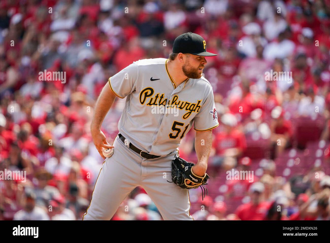 Pittsburgh Pirates relief pitcher David Bednar (51) plays in a baseball