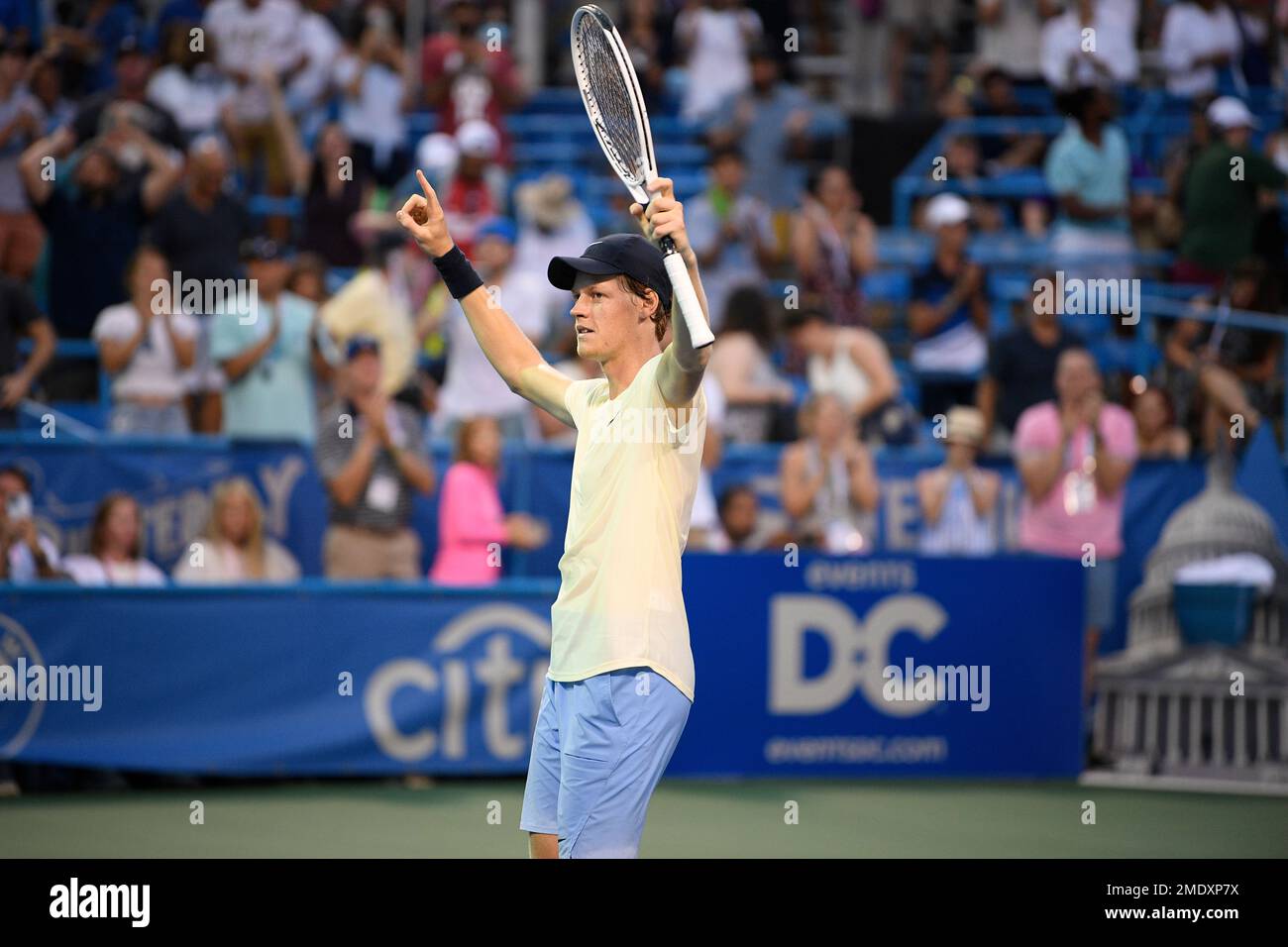 Jannik Sinner, of Italy, celebrates after he beat Mackenzie McDonald, of the United States, in the singles final at the Citi Open tennis tournament Sunday, Aug