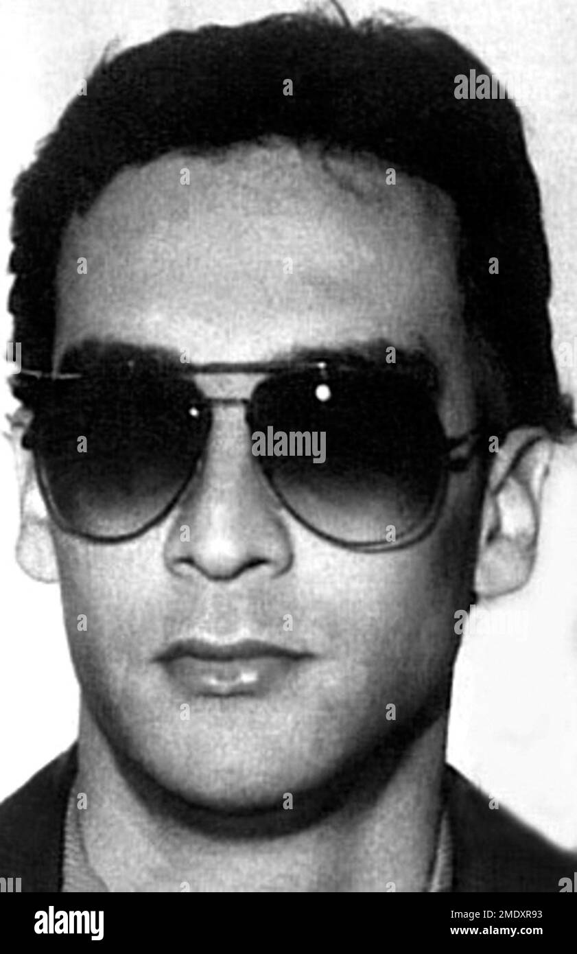 1989 ca, Castelvetrano , Trapani ,  ITALY : The celebrated italian COSA NOSTRA Mafioso and killer criminal outlaw MATTEO MESSINA DENARO ( born 26 april 1962 also known as Diabolik or U Siccu ). Was a Sicilian Mafia boss from Castelvetrano . He was considered to be one of the new leaders of the Sicilian mob after the arrests of Bernardo Provenzano on 2006 and Salvatore Lo Piccolo in 2007 . The son of a Mafia boss Francesco Denaro . After 30 years on the run, he was arrested on 16 January 2023 in a private clinic in Sicily's capital, Palermo . Photoboth diffused by the italian Police and FBI Stock Photo