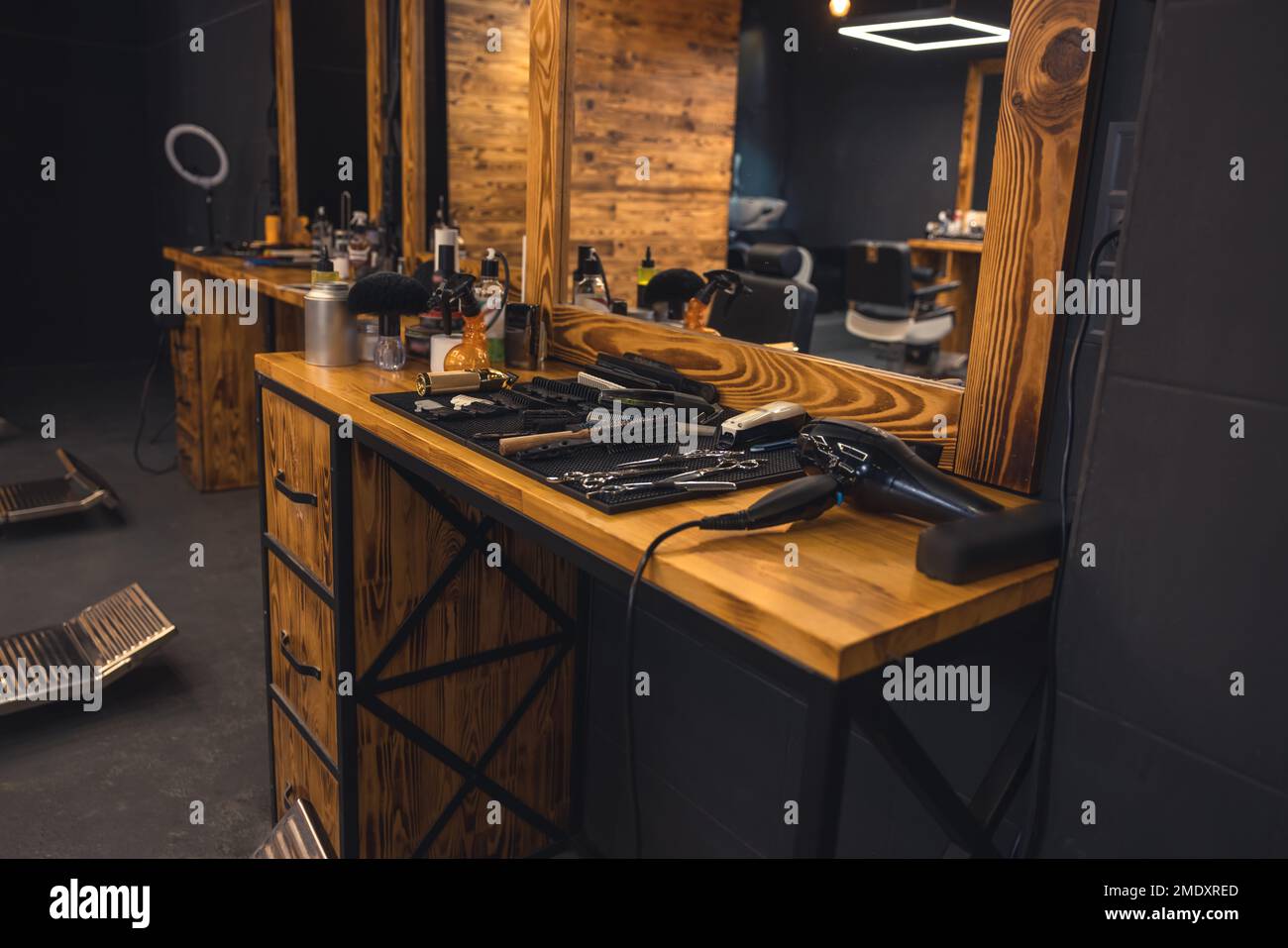 Close up of barbers tools on the wooden surface Stock Photo