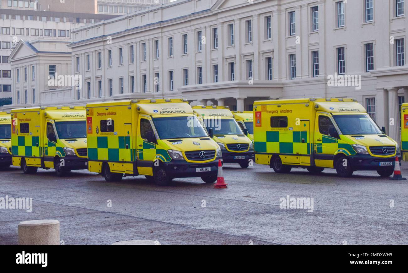 Uk Ambulance Rear Pattern London, UK. 23rd January 2023. Ambulances have been lined up outside ...