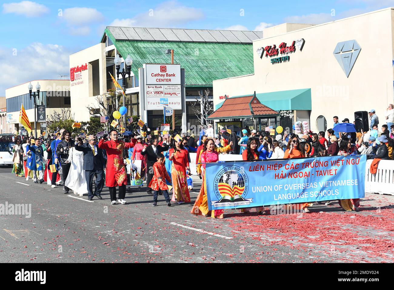 WESTMINSTER, CALIFORNIA - 22 JAN 2023:  Banner for the Union of Overseas Vietnamese Language Schools at the Tet Parade Celebrating the Year of the Cat Stock Photo