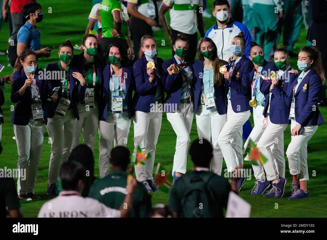 Athletes from Bulgaria poses for a photo during the closing ceremony in