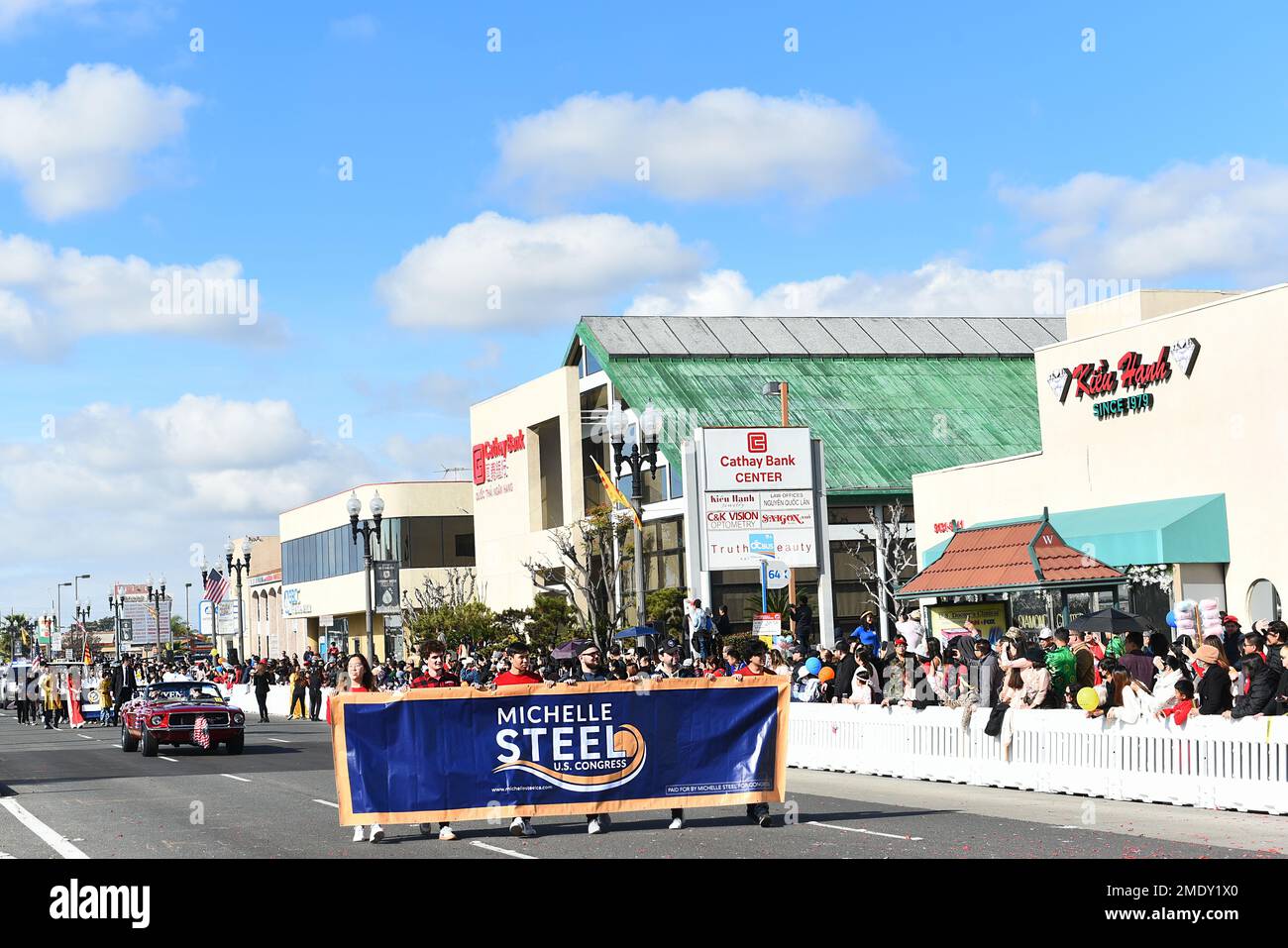 WESTMINSTER, CALIFORNIA - 22 JAN 2023: Banner for Congresswoman Michelle Steele at the Tet Parade Celebrating the Year of the Cat. Stock Photo