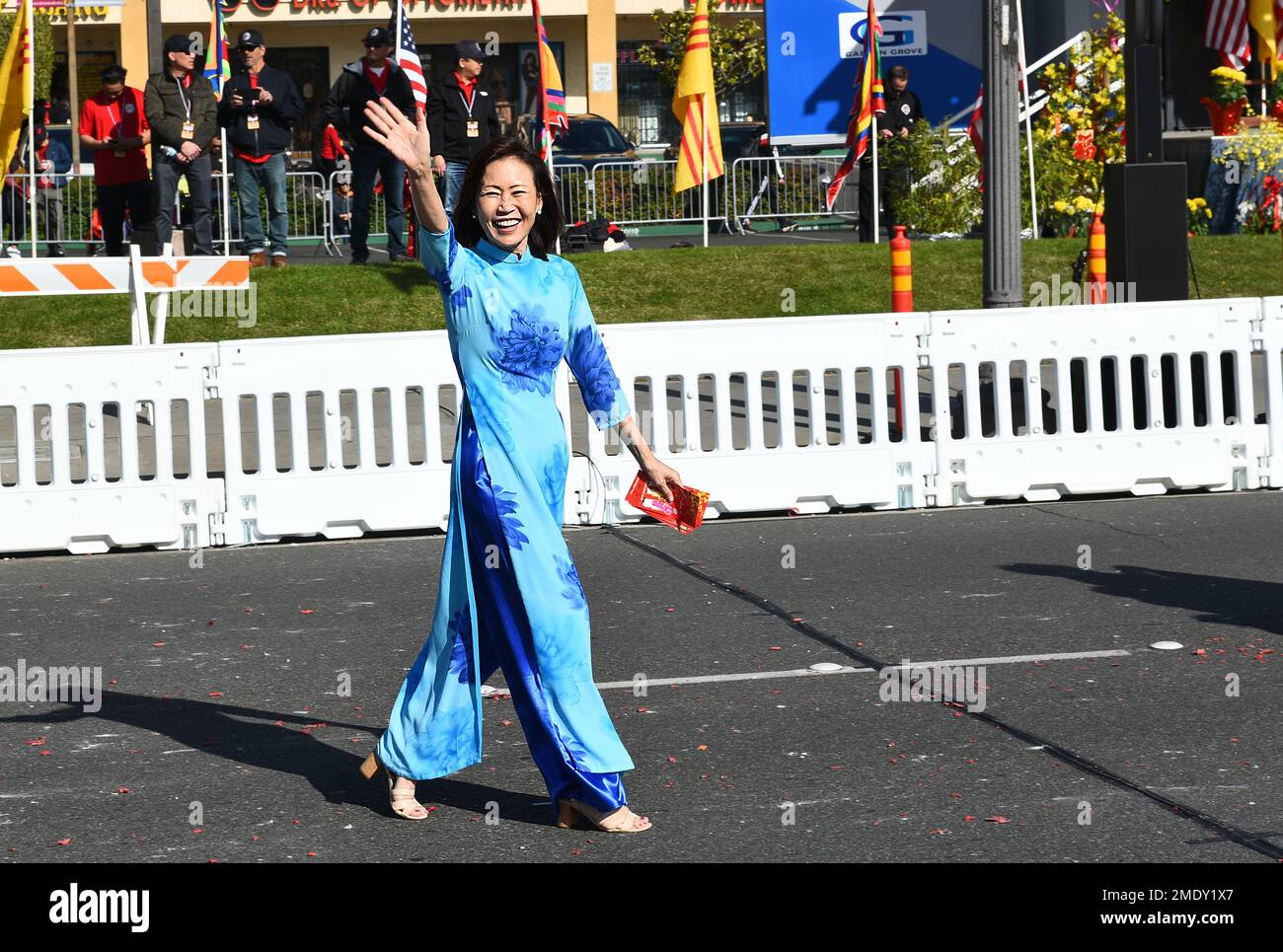 WESTMINSTER, CALIFORNIA - 22 JAN 2023: Congresswoman Michelle Steele waves to the crowd at the Tet Parade Celebrating the Year of the Cat. Stock Photo