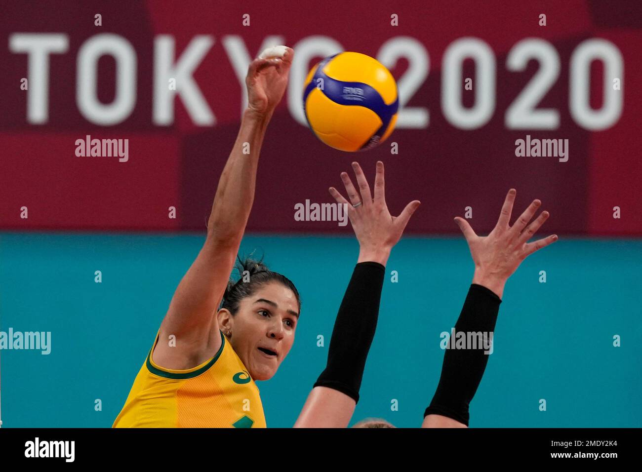 Brazil's Natalia Pereira shoots while playing the United States during
