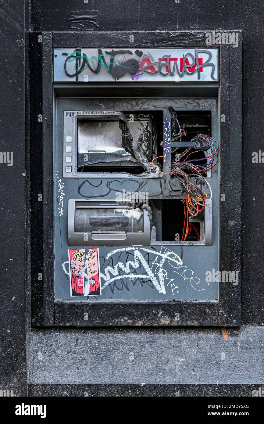 severly vandalised ATM machine Stock Photo