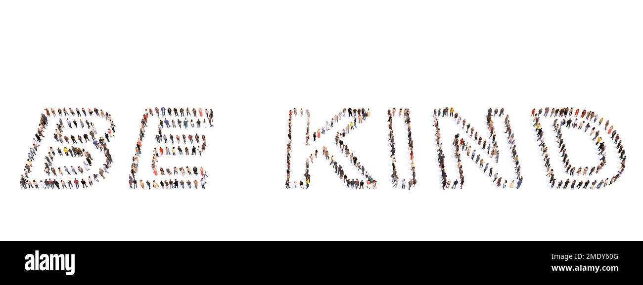 Concept or conceptual large community of people forming BE KIND slogan
