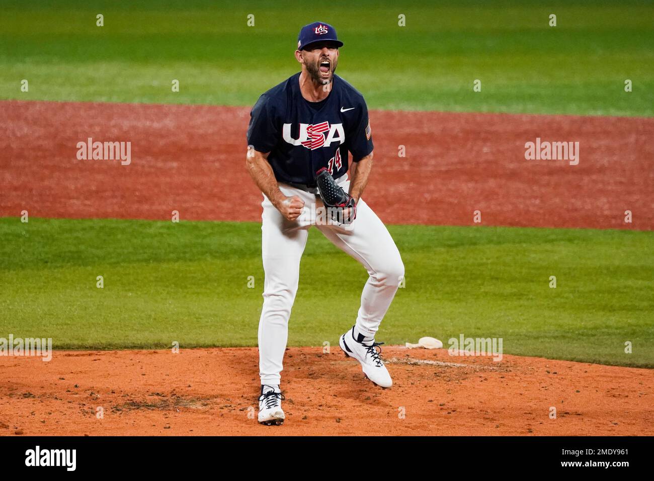United States' Nick Martinez reacts after striking out Japan's Ryosuke