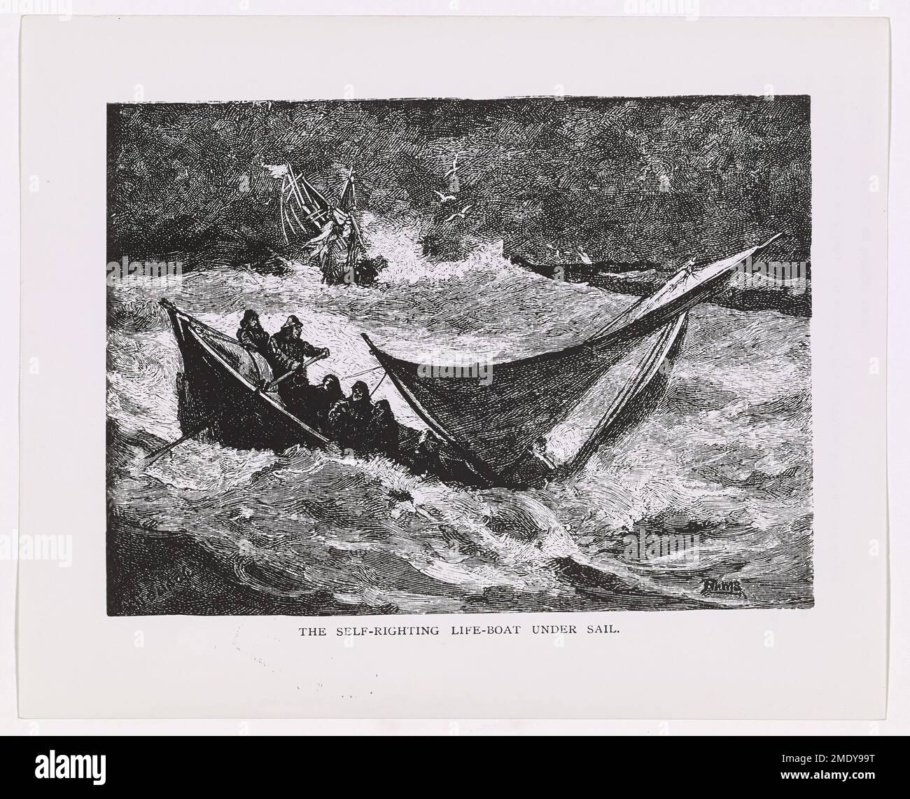 The Self-righting Lifeboat Under Sail. Oldtimer Lifesavers - One of a series of sketches on the former U.S. Lifesaving Services (forerunner of the U.S. Coast Guard), by M. J. Burns c. 1879 and c. 1900, published in the Old Harper's Weeklies. In some of the sketches there appear other initials in addition to Burns' name. Sketch from Old Harper's Weekly - on U.S. Lifesaving Service. Stock Photo