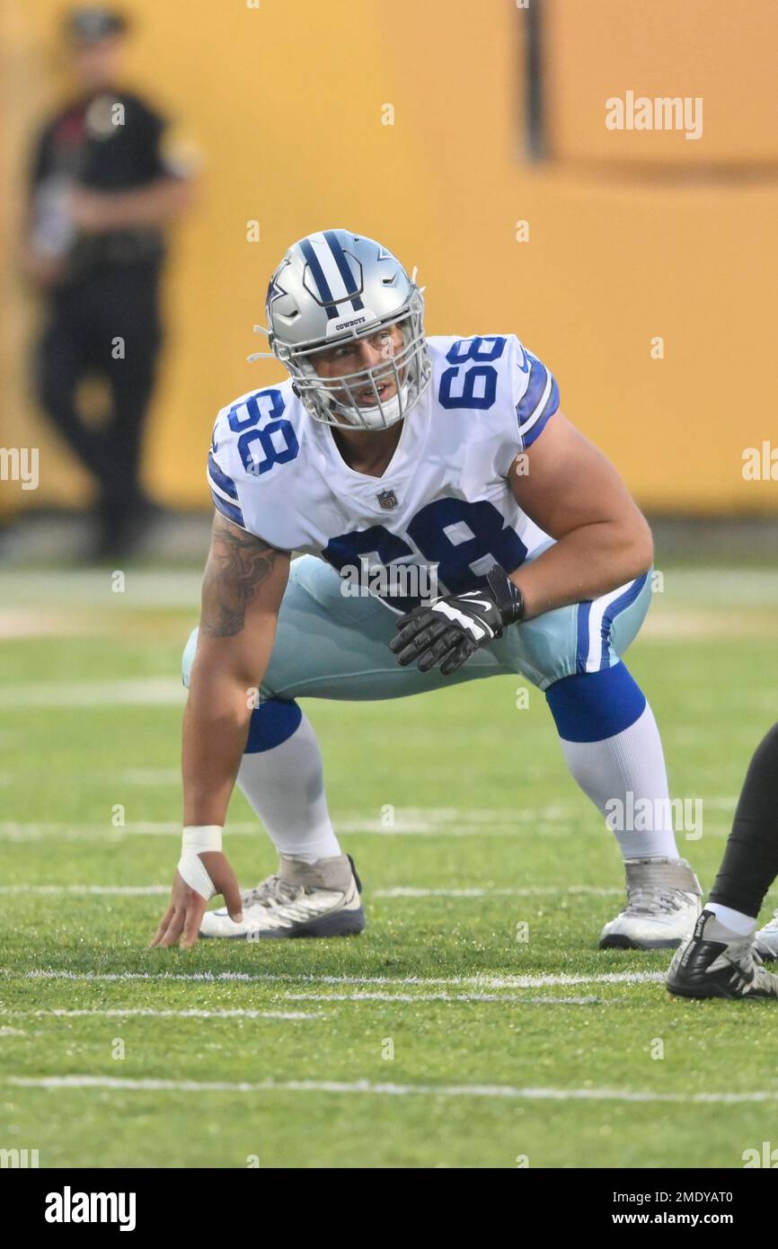 Dallas Cowboys offensive guard Matt Farniok (68) stands at the line of  scrimmage during the Pro Football Hall of Fame NFL preseason game against  the Pittsburgh Steelers, Thursday, Aug. 5, 2021, in