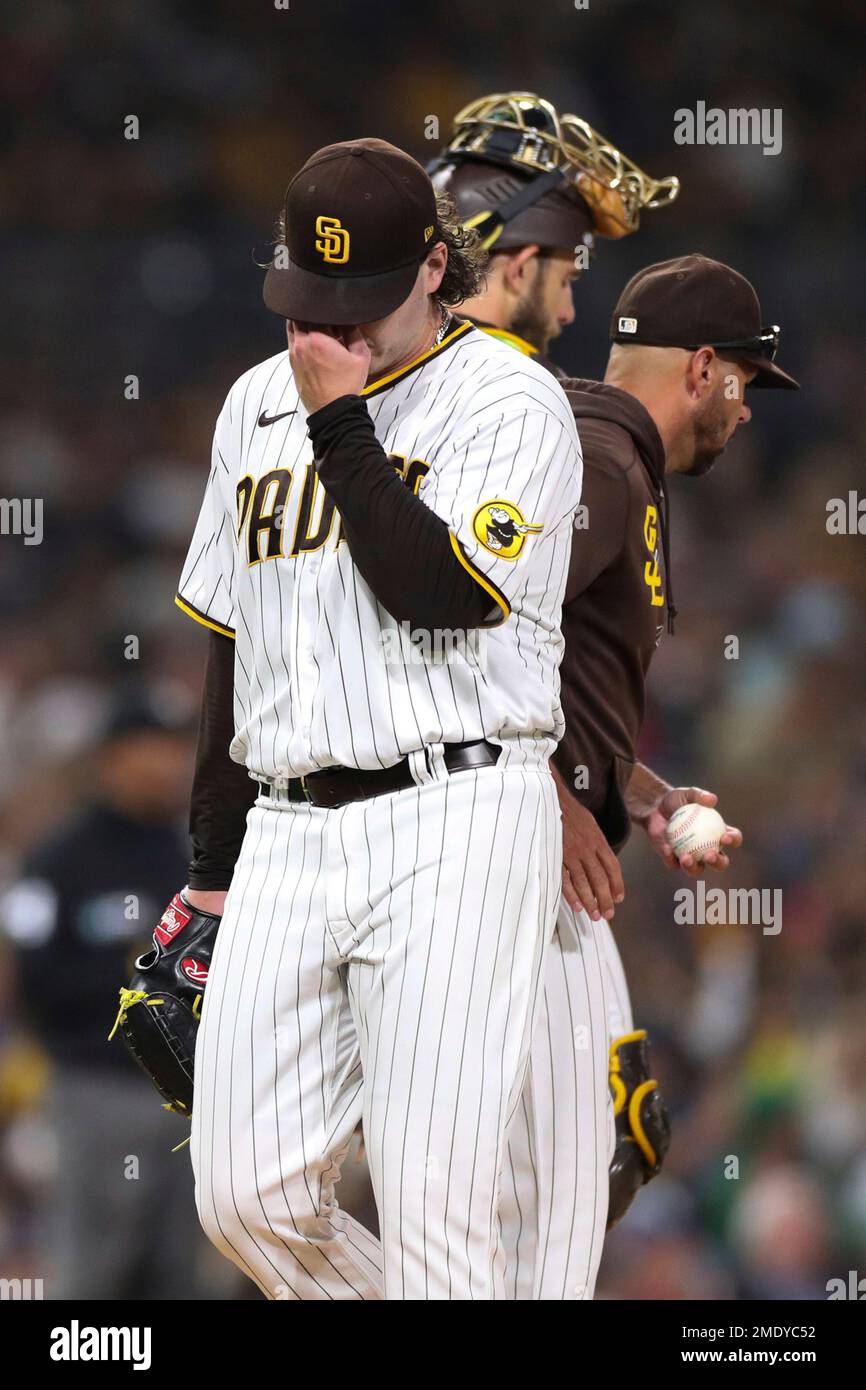 San Diego Padres starting pitcher Ryan Weathers walks off the mound