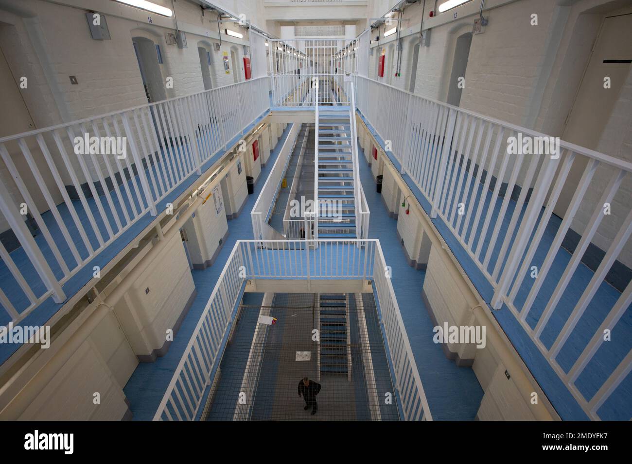 The B Wing facility for newly-arrived prisoners at HMP Liverpool, also known as Walton Prison. The prison was given a scathing report in 2017 which pointed out various failings and problems. Present governor Pia Sinha was appointed in that year and in the next two years she turned the prison around with a programme of improvements and support for inmates and infrastructure. HMP Liverpool houses a maximum of 700 prisoners with an overall staff of around 250. Stock Photo