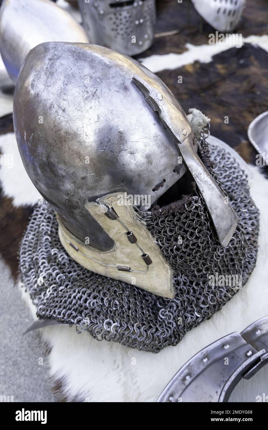Detail of ancient armor of medieval warrior, history Stock Photo