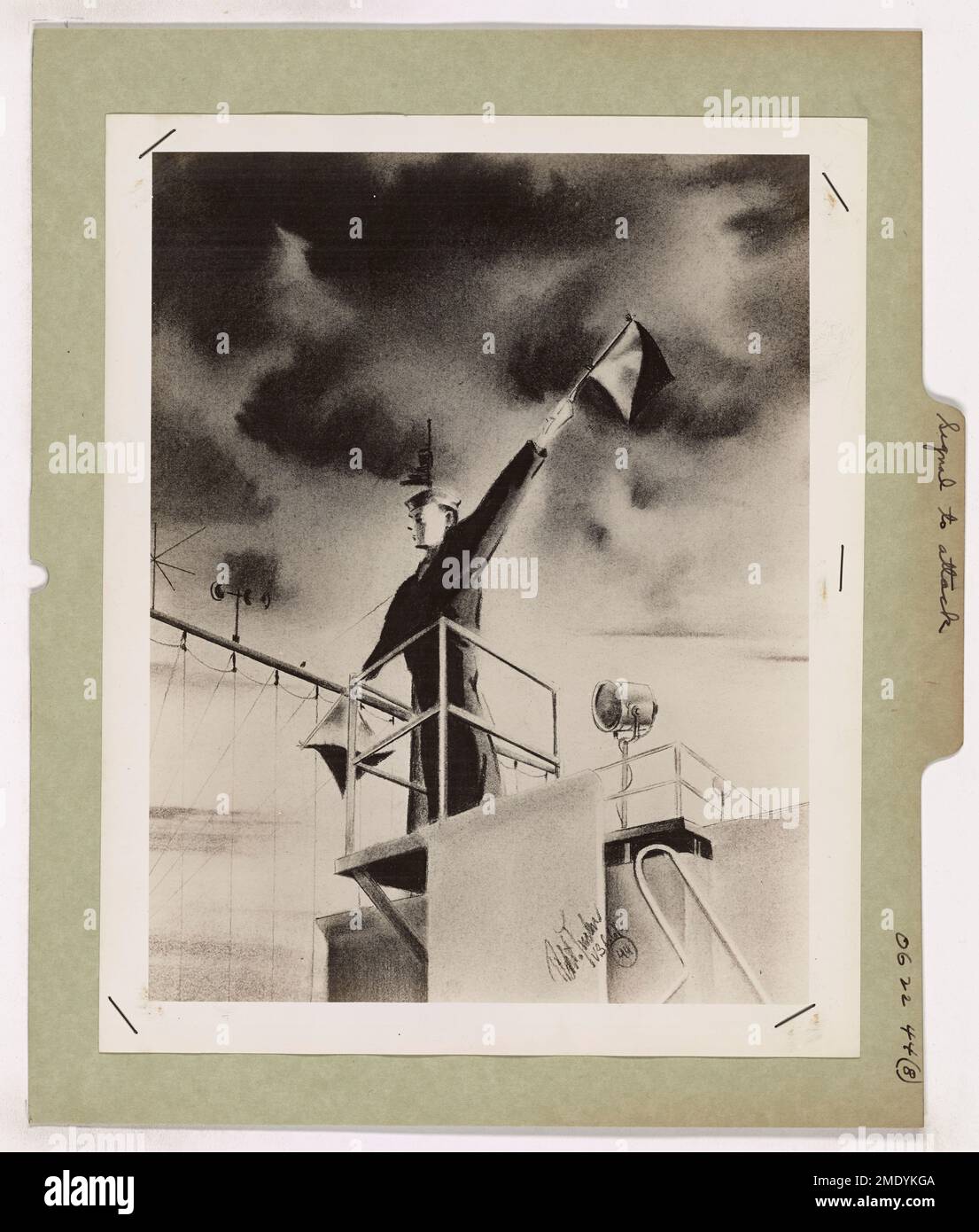 The Signal to Attack. This image depicts a Coast Guardsman signalling to other vessels during D-Day, drawn by Coast Guard Combat Artist Robert James Tucker. Stock Photo