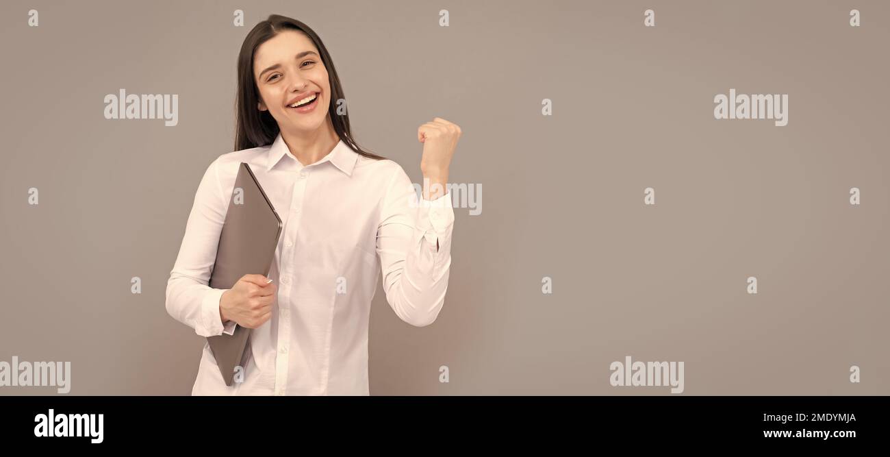 Woman isolated face portrait, banner with mock up copy space. office manager in white shirt. concept of agile business. successful woman working Stock Photo