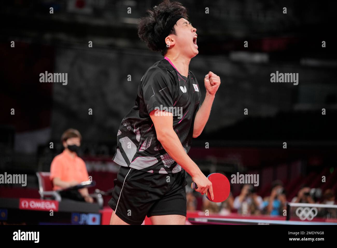 South Korea's Jeoung Young-sik reacts during the table tennis men's team  bronze medal match against Japan's Koki Niwa at the 2020 Summer Olympics,  Friday, Aug. 6, 2021, in Tokyo. (AP Photo/Kin Cheung