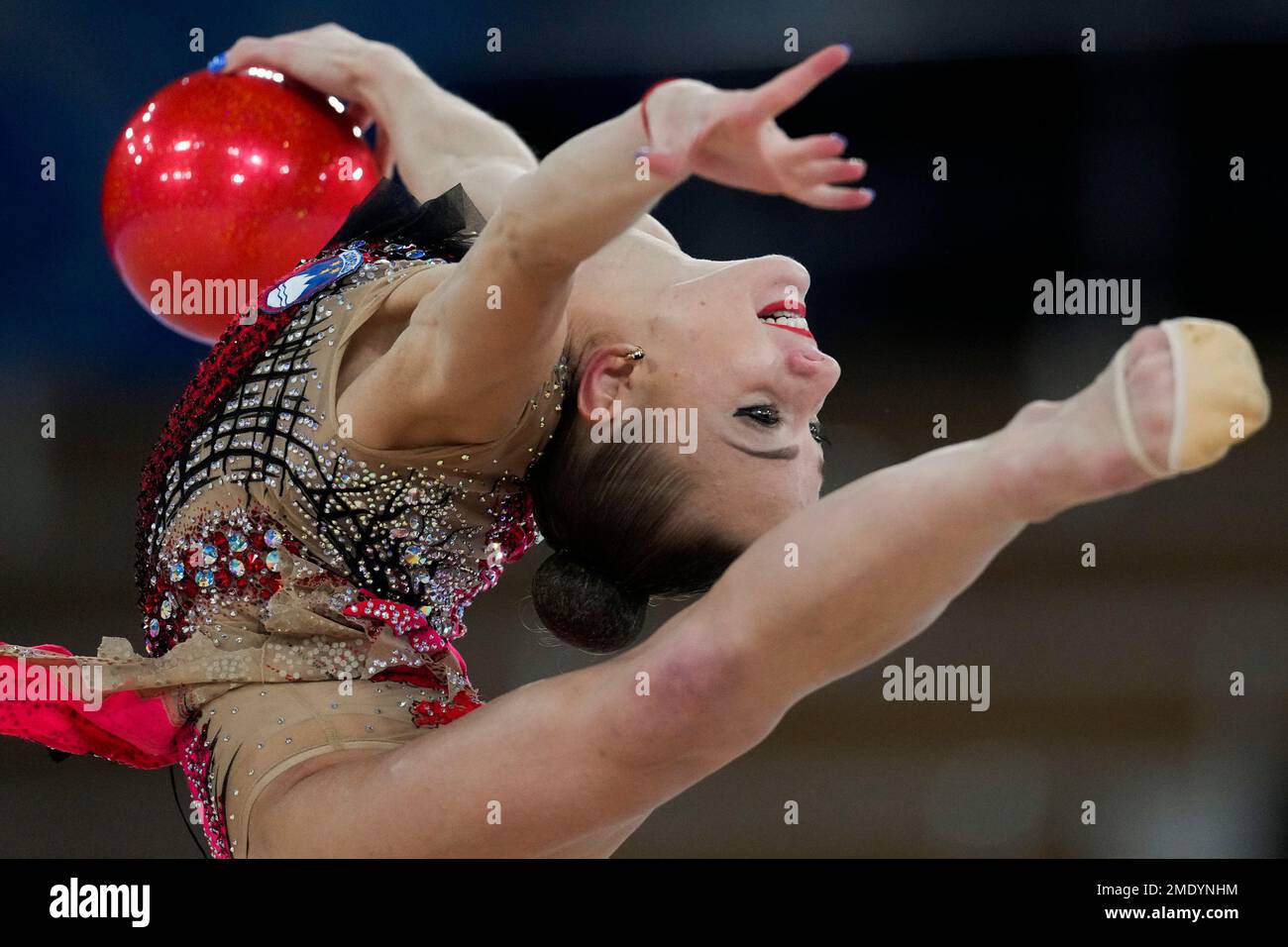 Ekaterina Vedeneeva, of Slovenia, performs during the rhythmic gymnastics individual all-around qualifier at the 2020 Summer Olympics, Friday, Aug