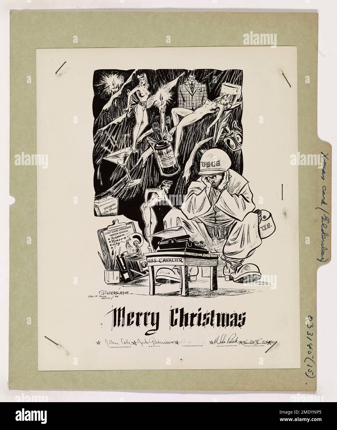 Merry Christmas. This image depicts artwork of a Christmas card, drawn by Coast Guard Combat Artist Jack B. Gildersleeve. Stock Photo