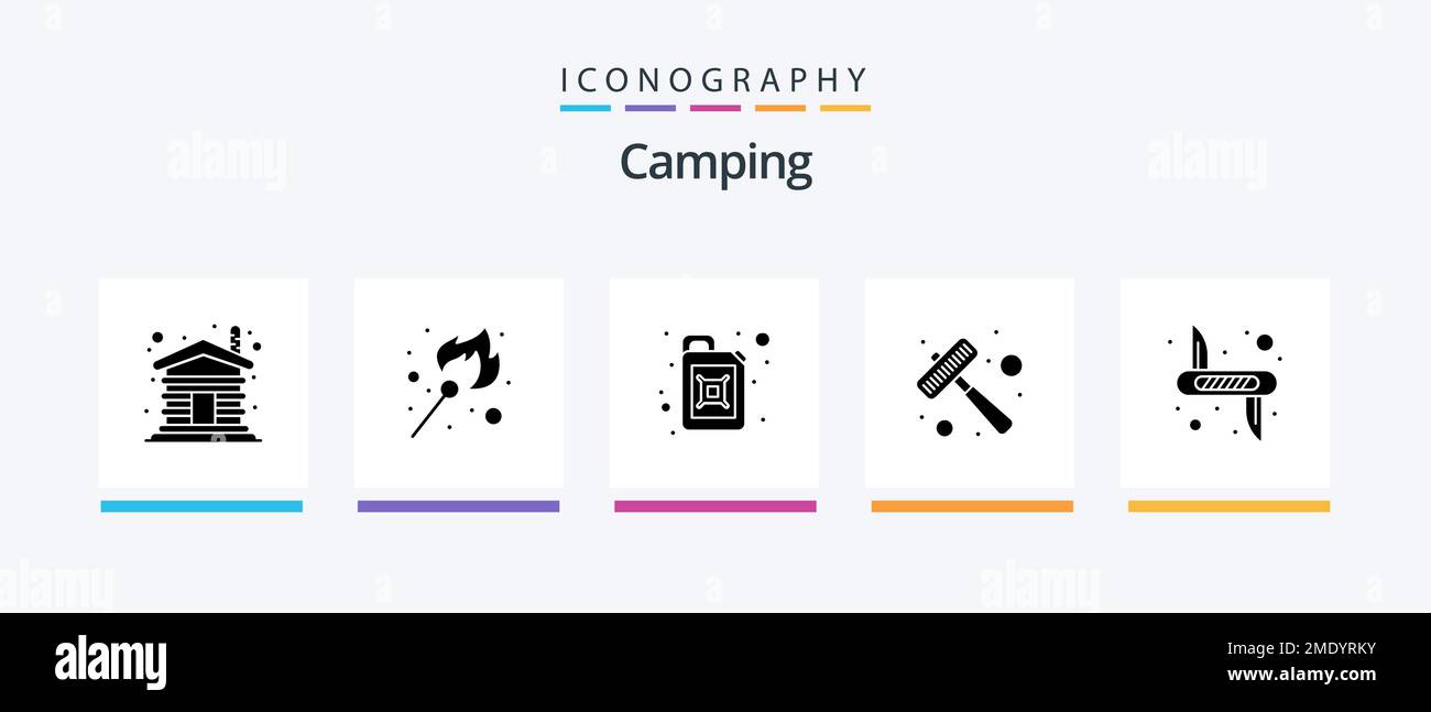 Camping Glyph 5 Icon Pack Including weapon. knife. canister. steak. kitchen utensils. Creative Icons Design Stock Vector