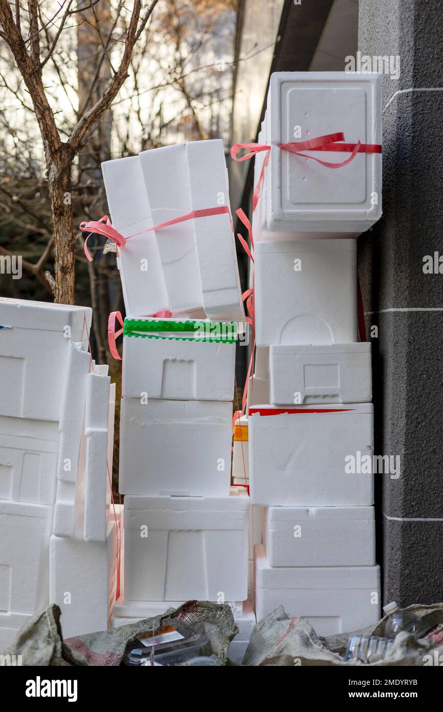 Pile of Styrofoam, separate the garbage on the apartment complex Stock