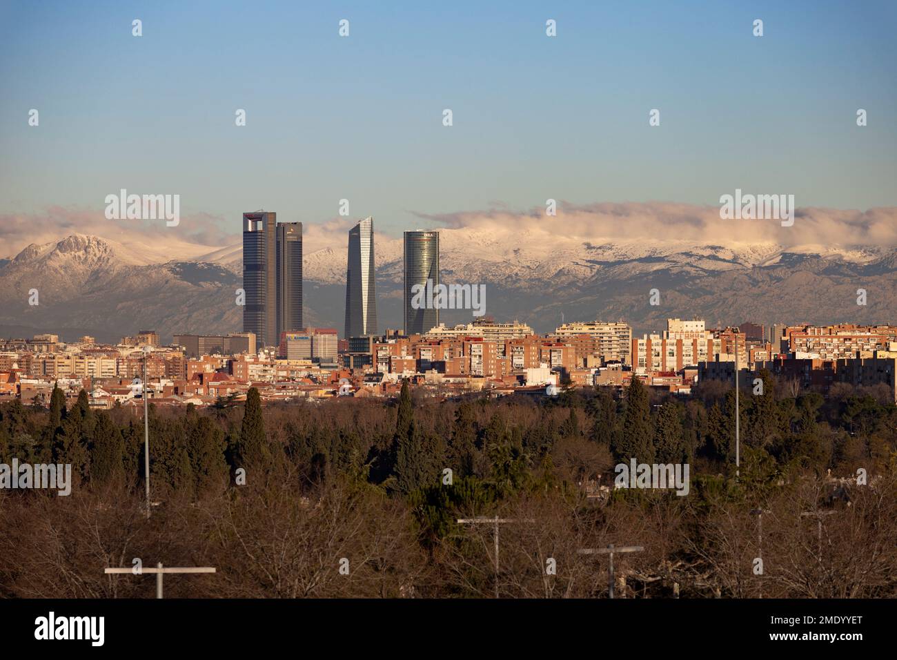 Madrid. Pollution. Contamination. Views of the city of Madrid with a gray and brown layer of pollution beret over the city. Sierra de Guadarrama with Stock Photo