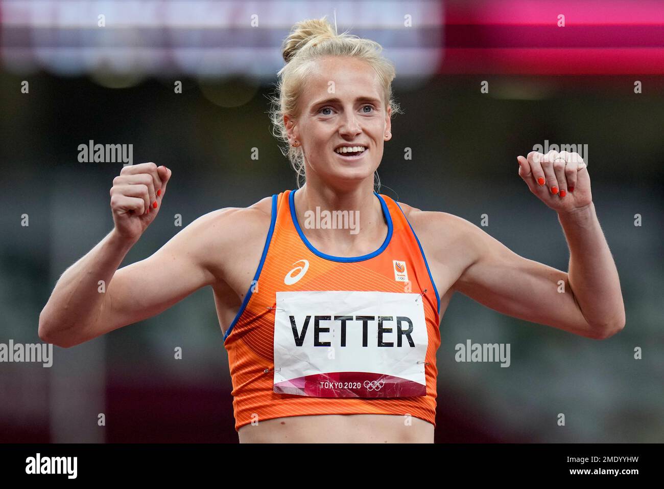Silver medalist Anouk Vetter, of the Netherlands, celebrates after the ...