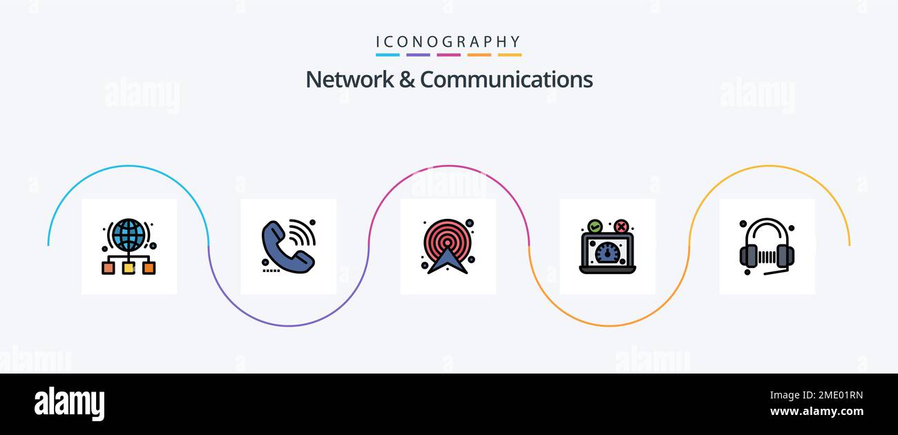 Network And Communications Line Filled Flat 5 Icon Pack Including ...
