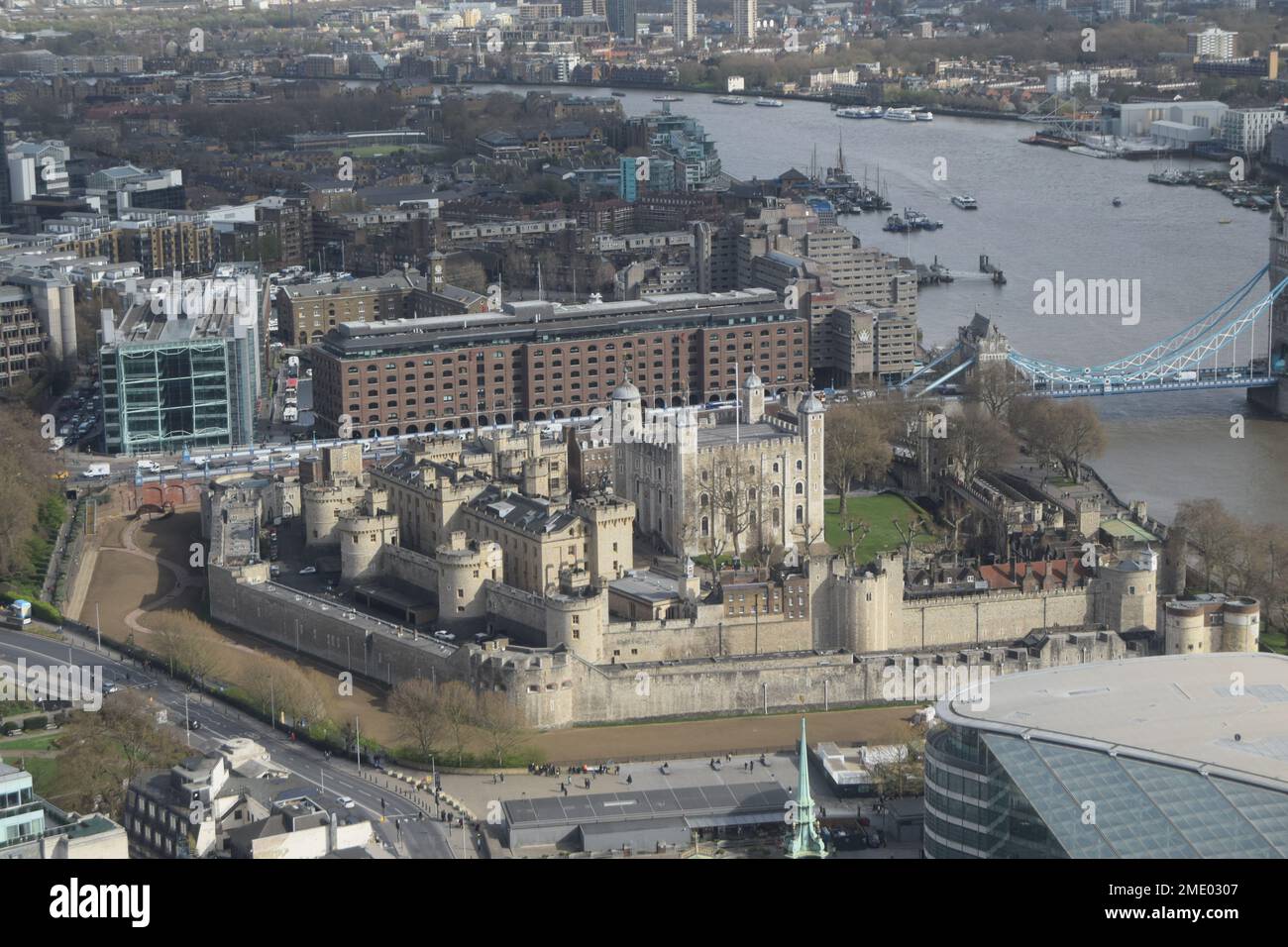 An aerial view of Tower of London Castle by River Thames in London, England Stock Photo