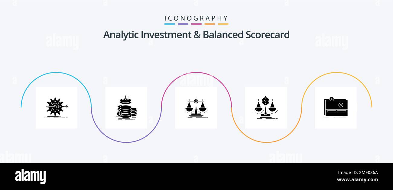Analytic Investment And Balanced Scorecard Glyph 5 Icon Pack Including management. scale. gold