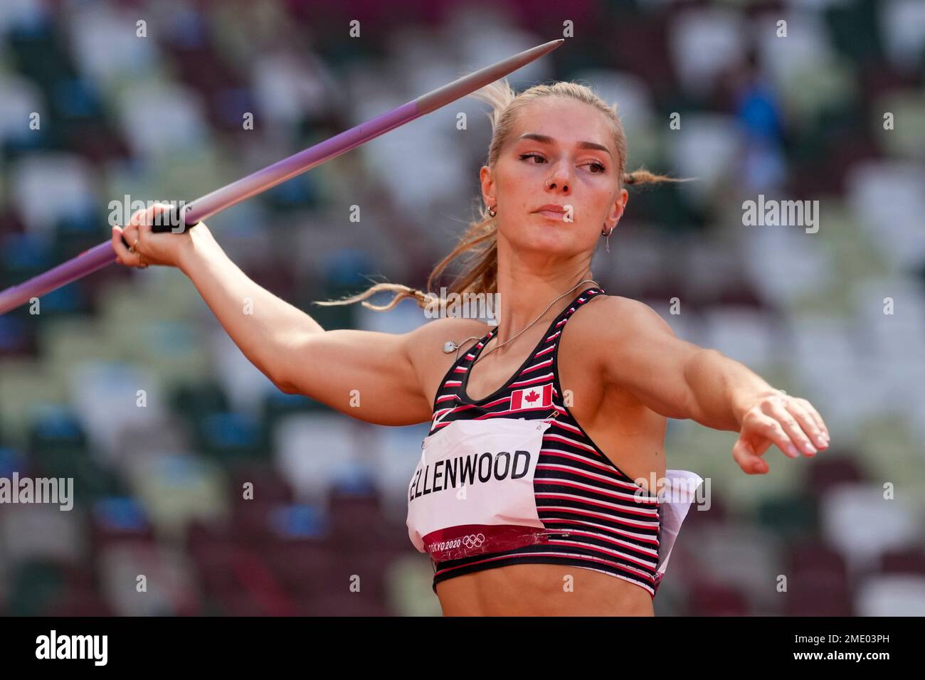 Georgia Ellenwood, of Canada, competes in the heptathlon javelin throw